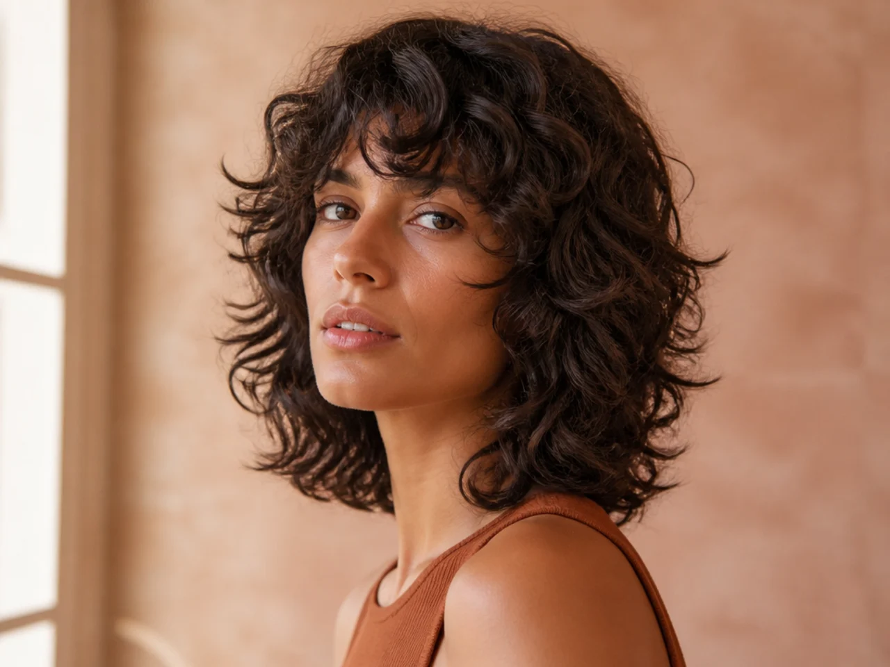 A curly shag with a blunt perimeter