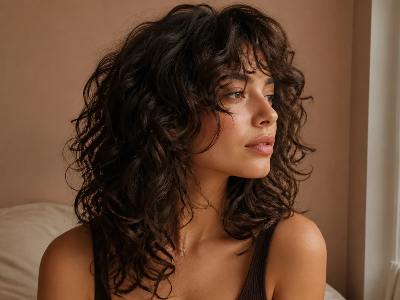 A curly shag with diagonal face framing layers