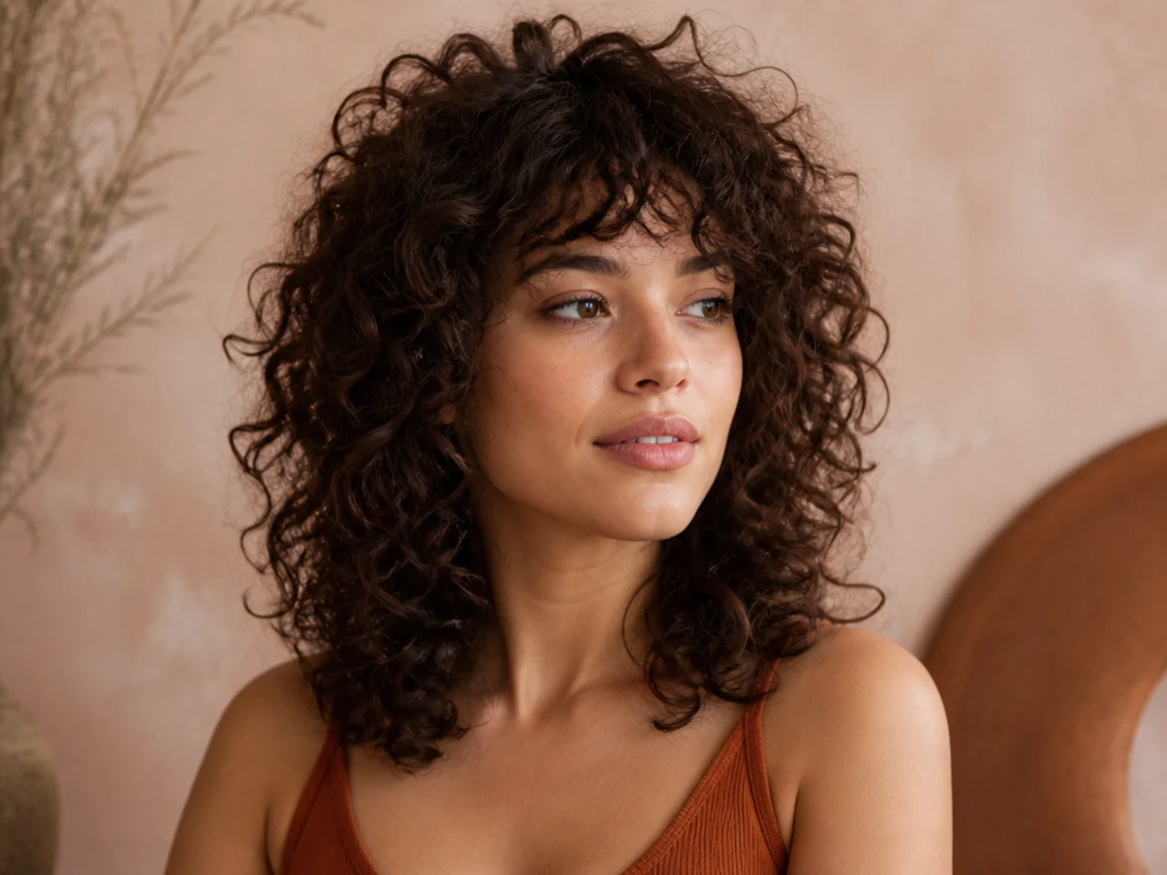 A curly shag with crown volume for a round face