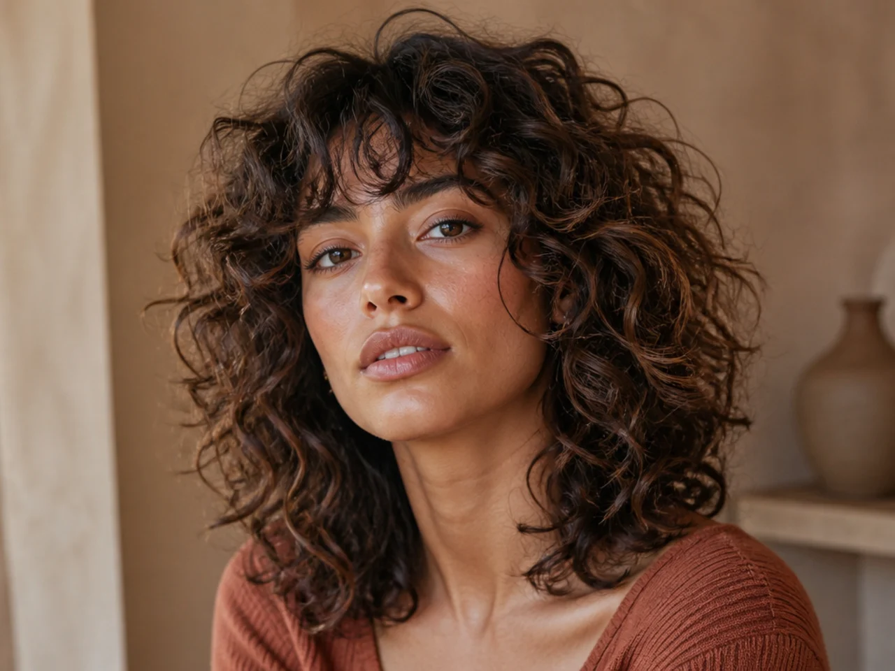 A curly shag with width at the cheekbones