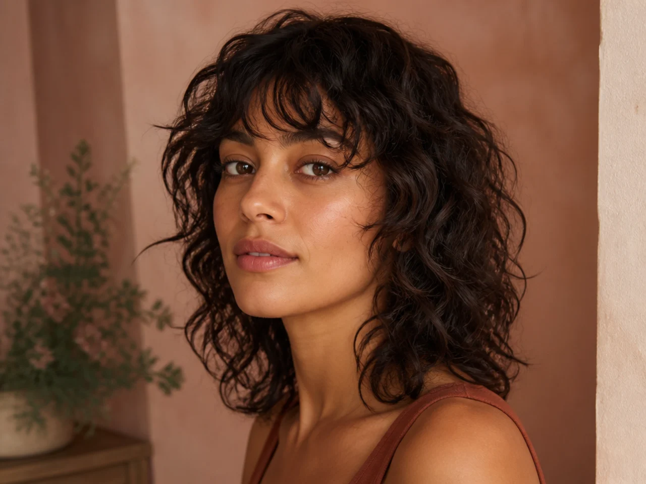 A medium length curly shag at the collarbone