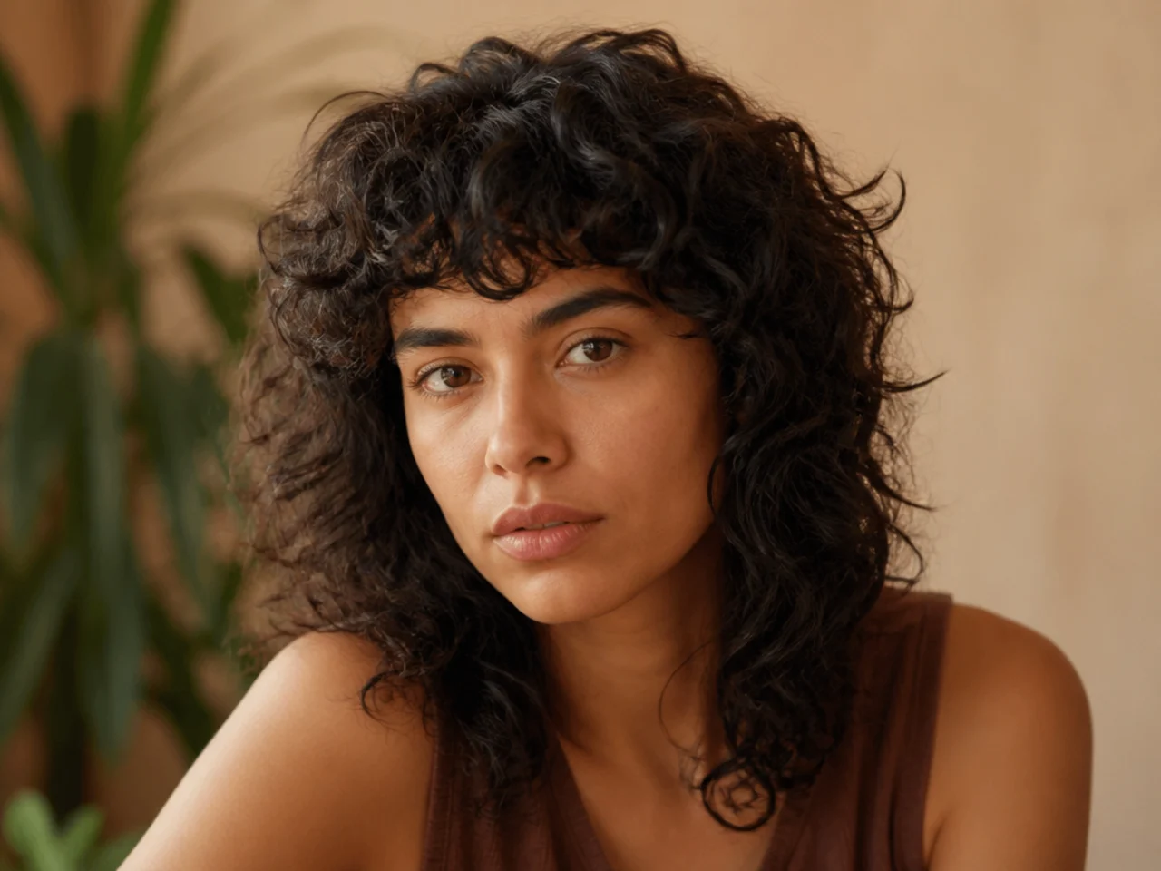 A curly shag with a micro fringe above the brow