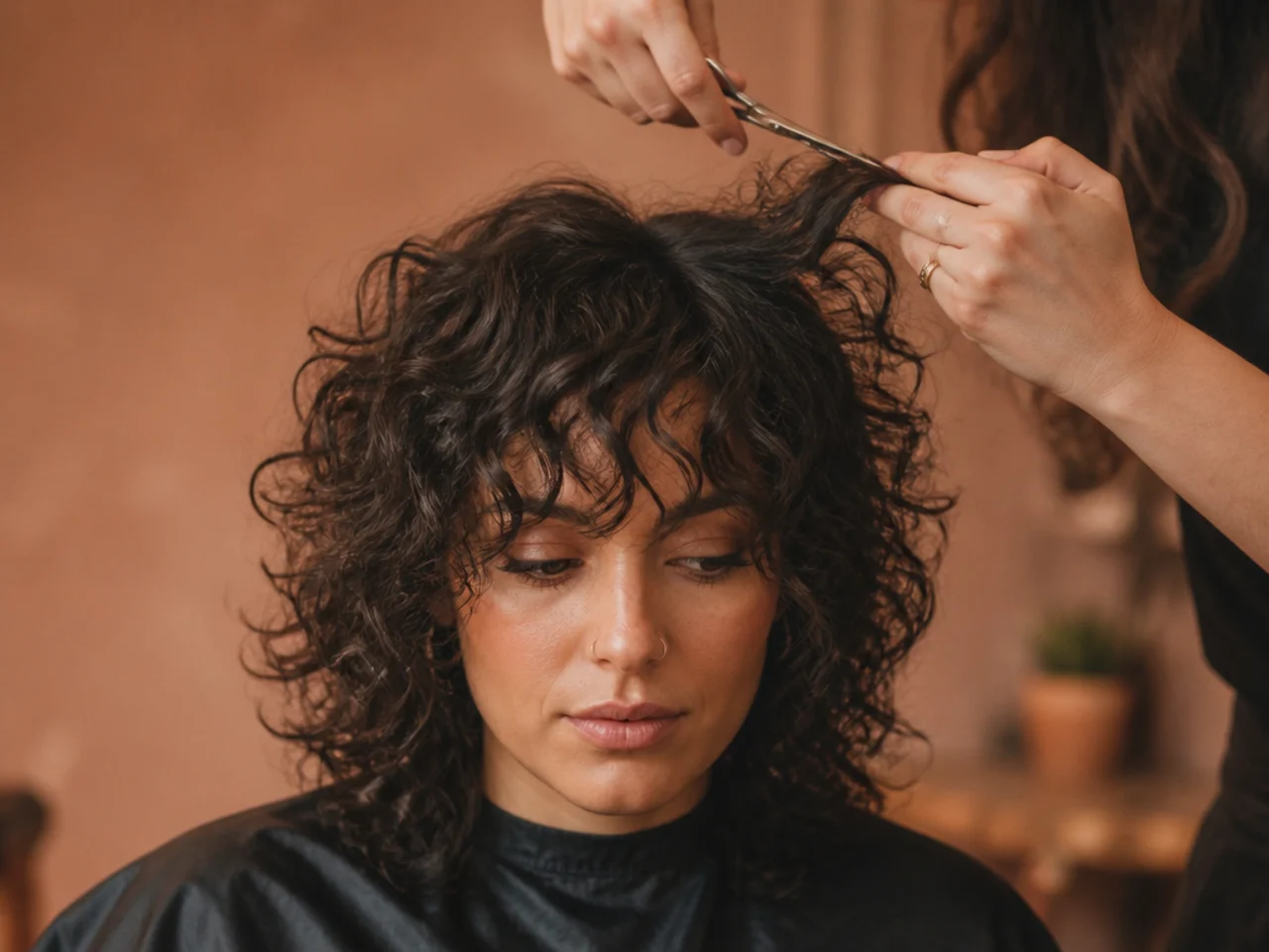 A curl being cut dry at the crown of a shag