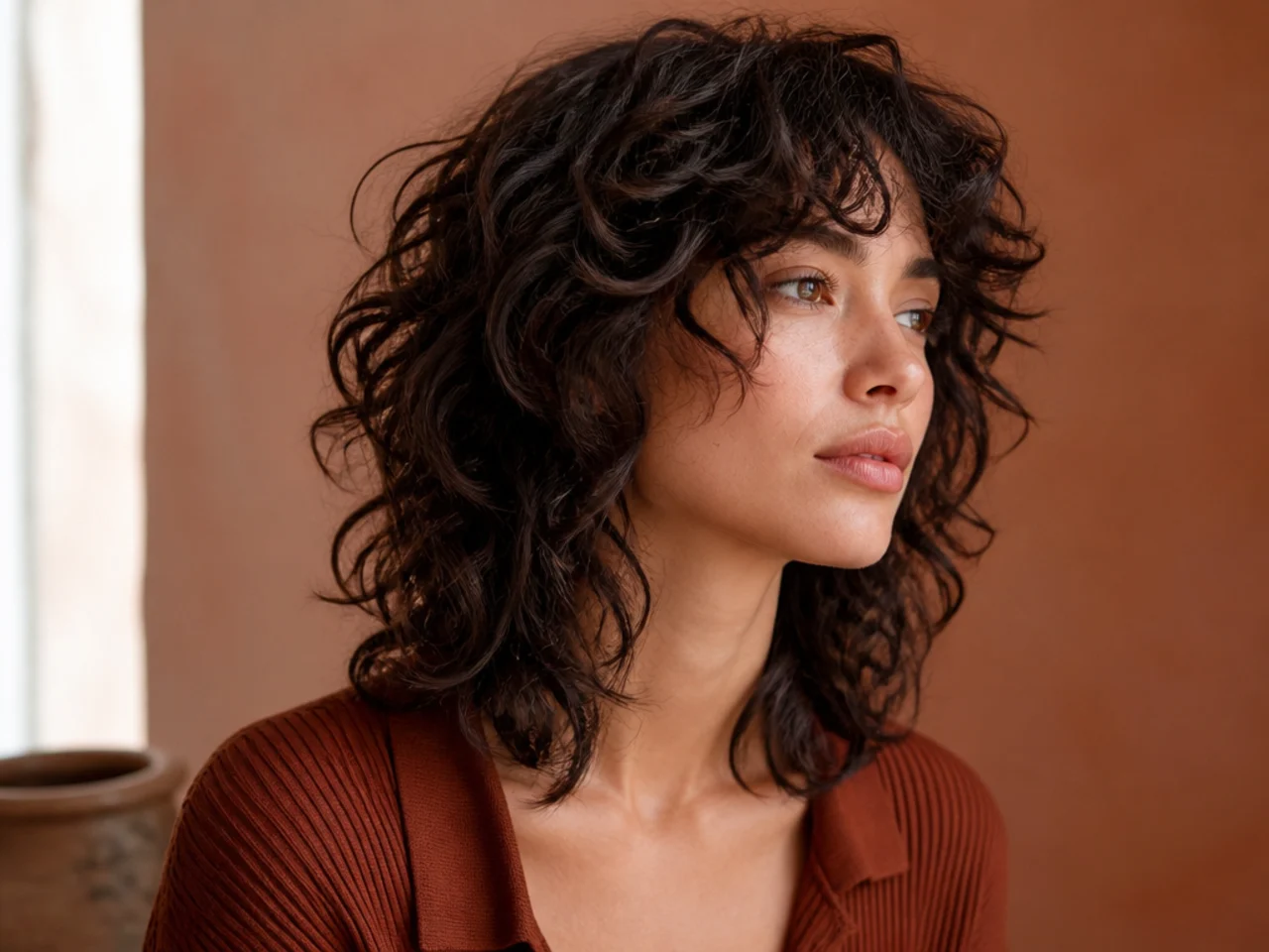 Three quarter view of a curly shag haircut