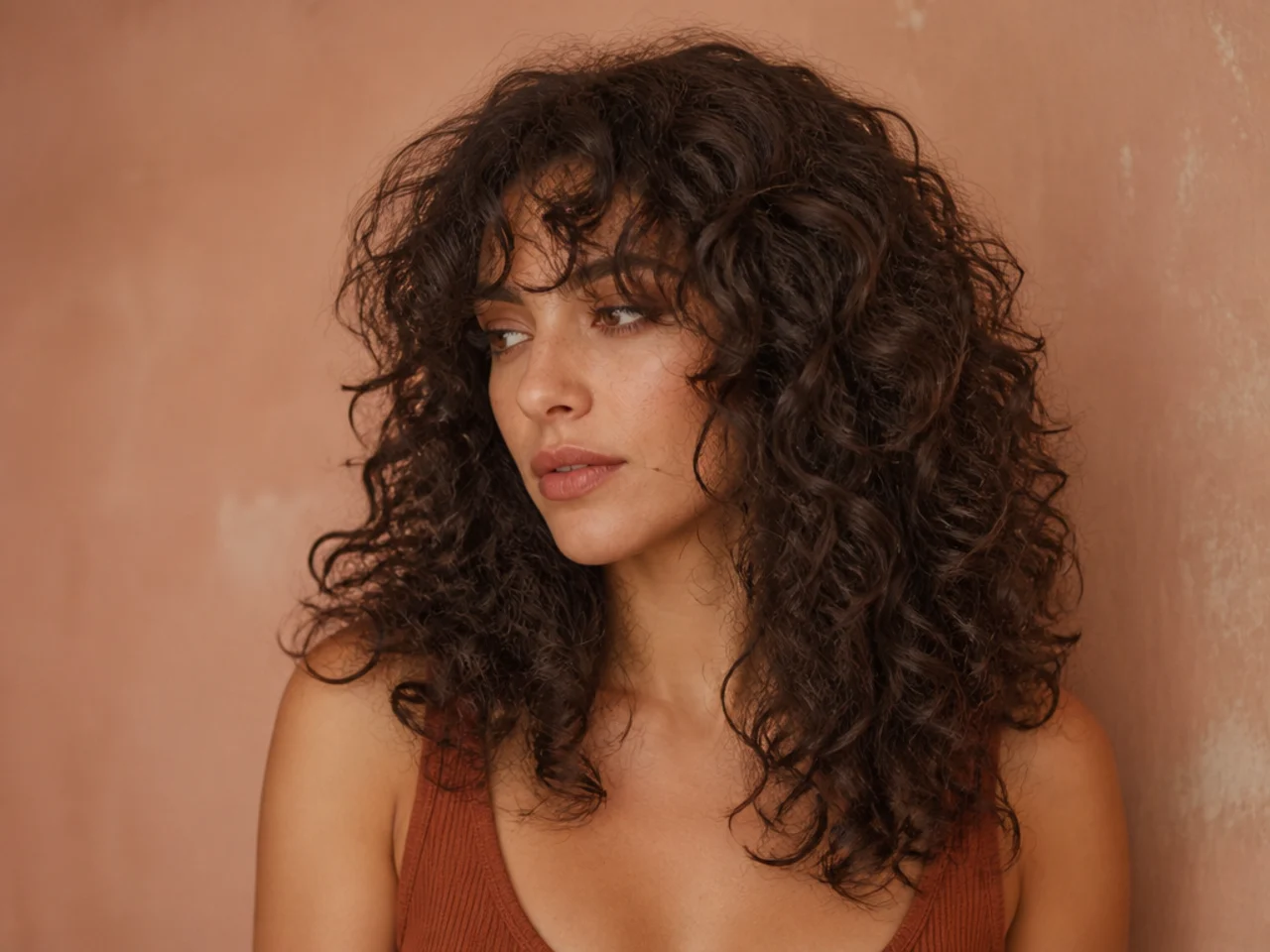 A curly shag that has widened into a triangle shape