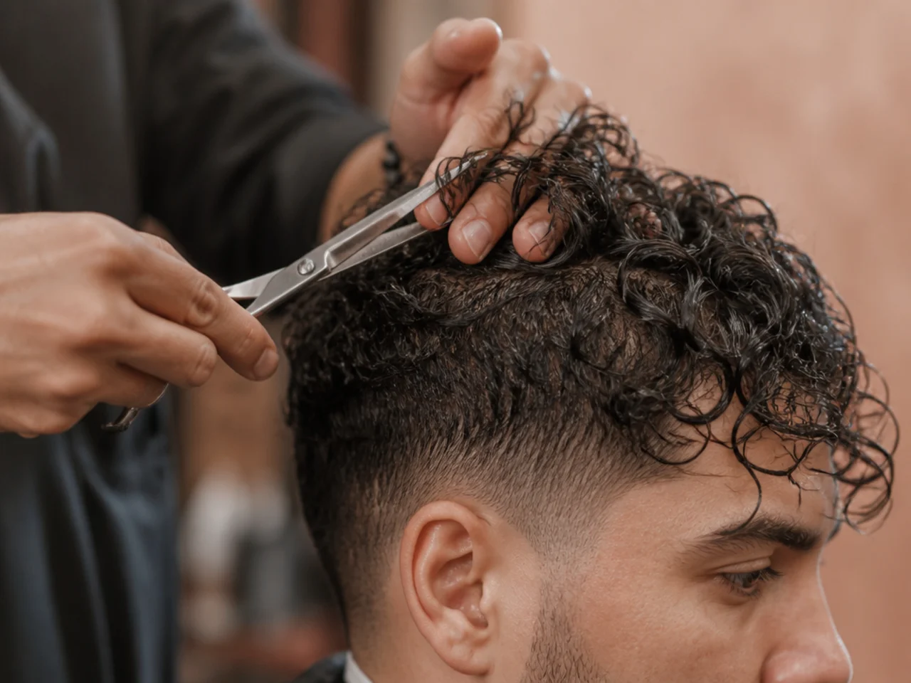 Damp curly hair being cut with scissors