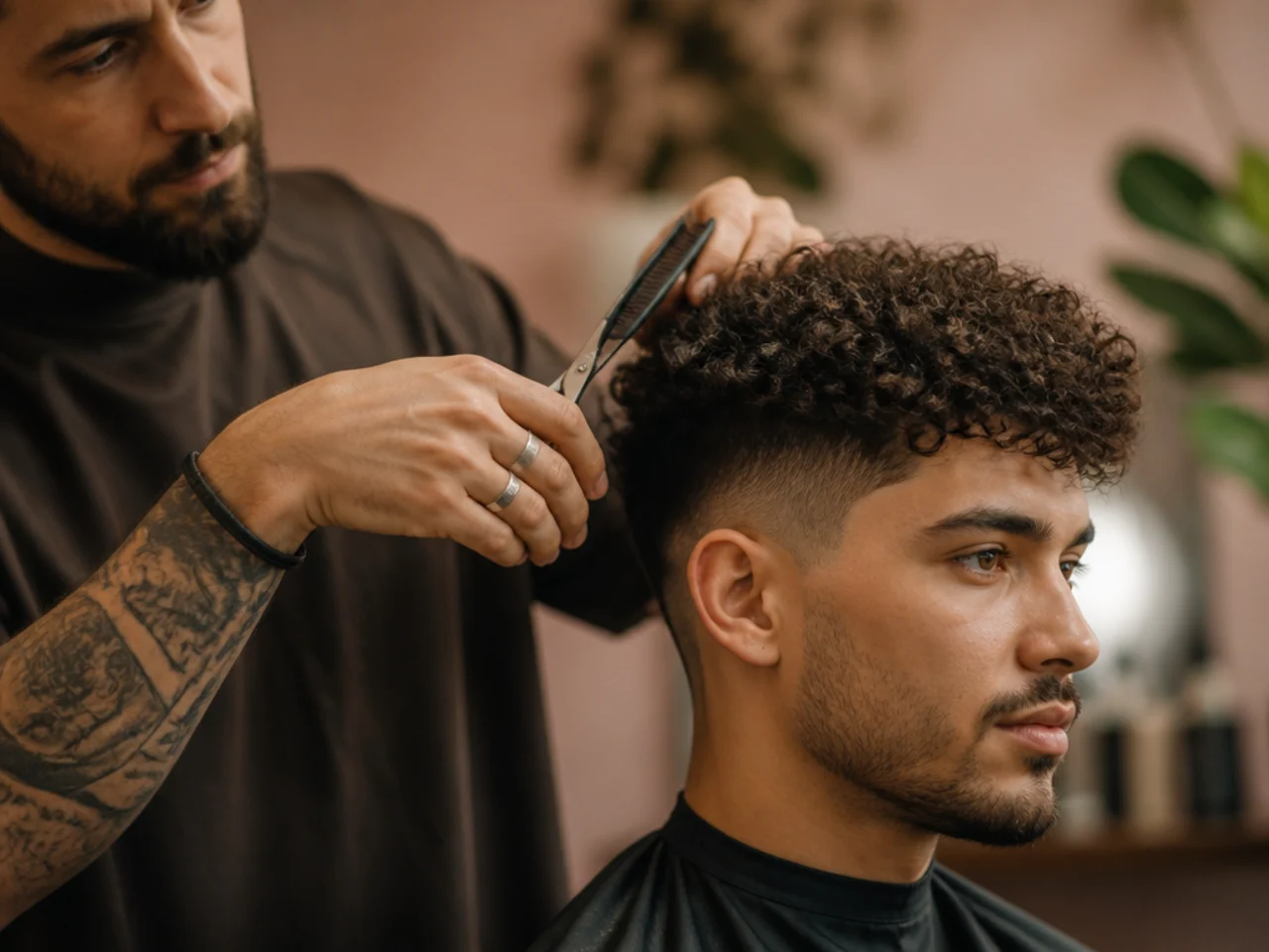 A barber using a scissor guide section on curly hair