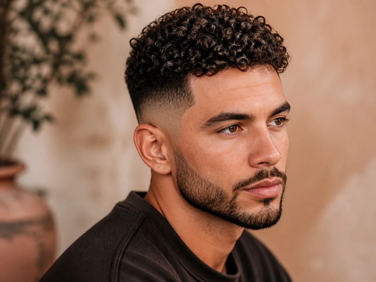 Three-quarter view of a short curly men's haircut