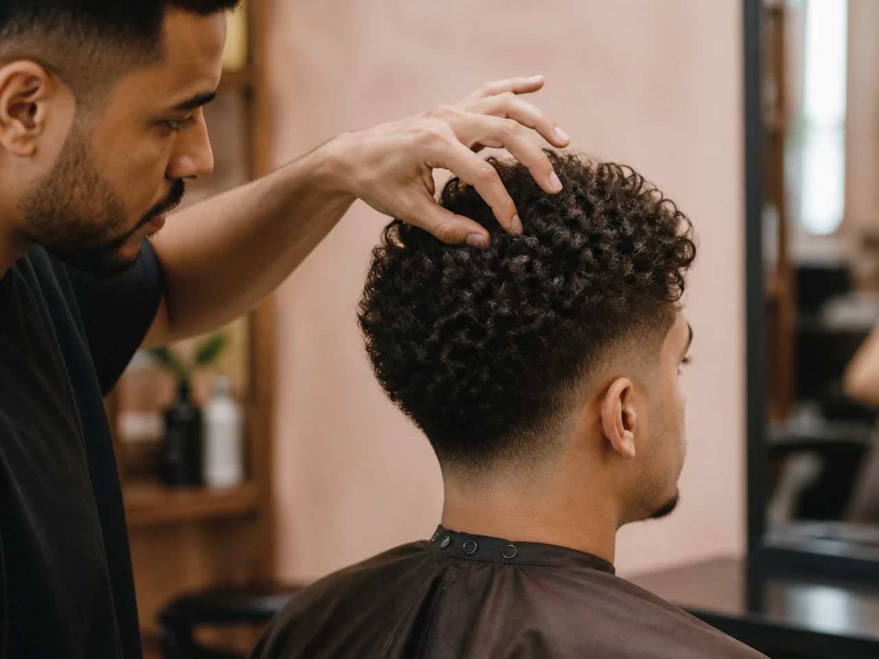 A barber checking a dry curl pattern before cutting