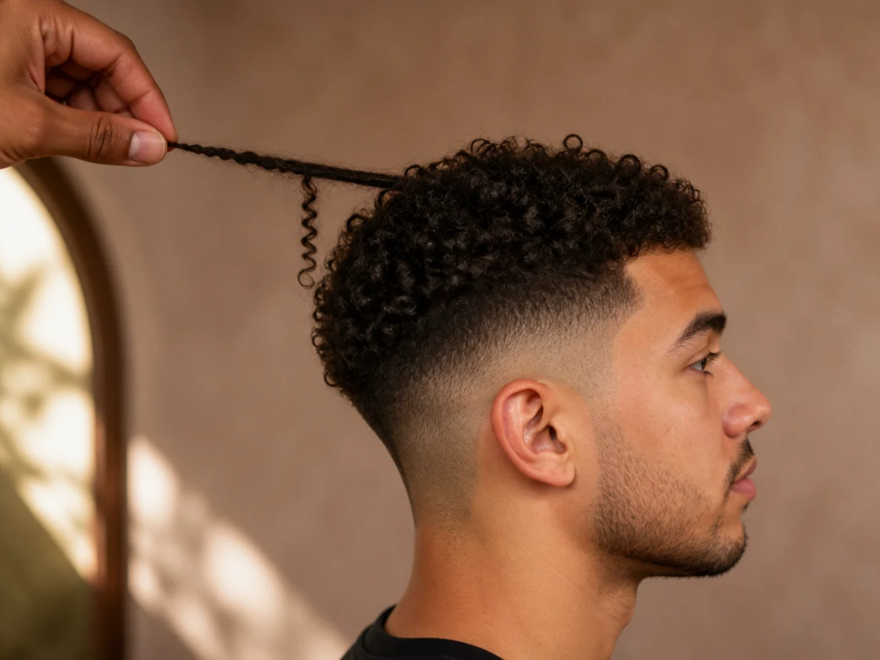 A curl held straight beside the same curl released, showing shrinkage