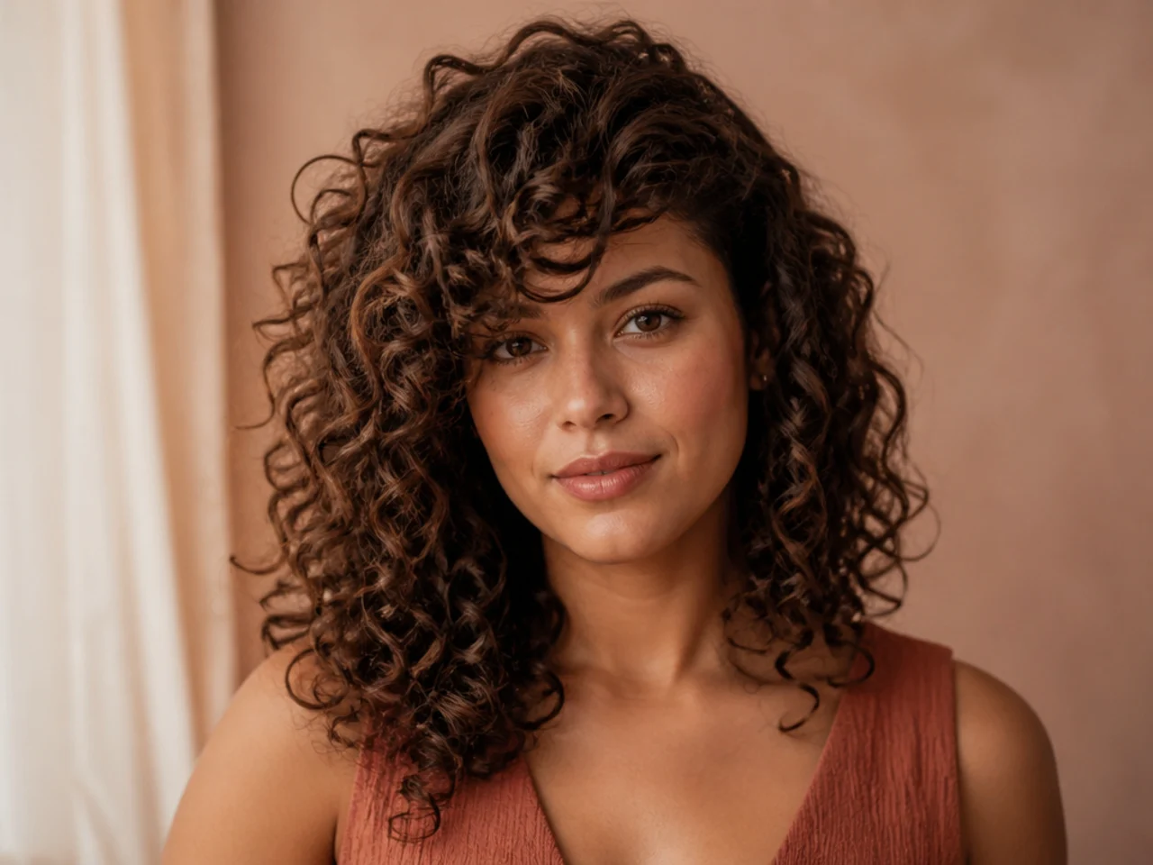 Curly side swept bangs on thick hair