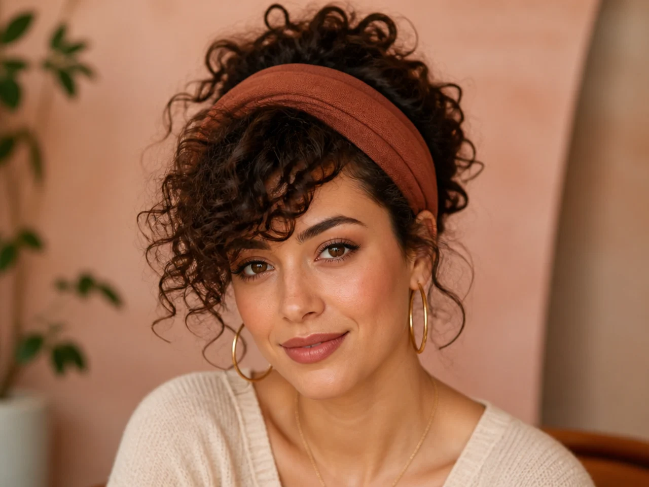Curly side swept bangs worn with a headband