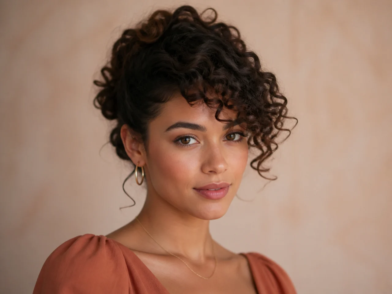 Curly side swept bangs worn with an updo
