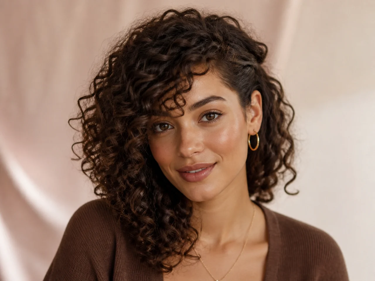 Curly side swept bangs tucked behind one ear