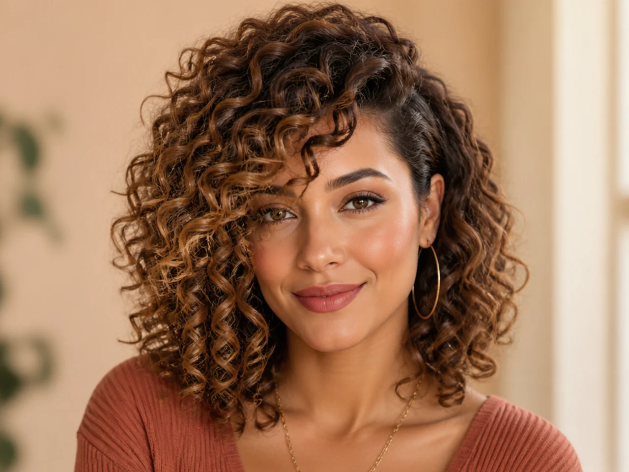 Curly side swept bangs with highlights
