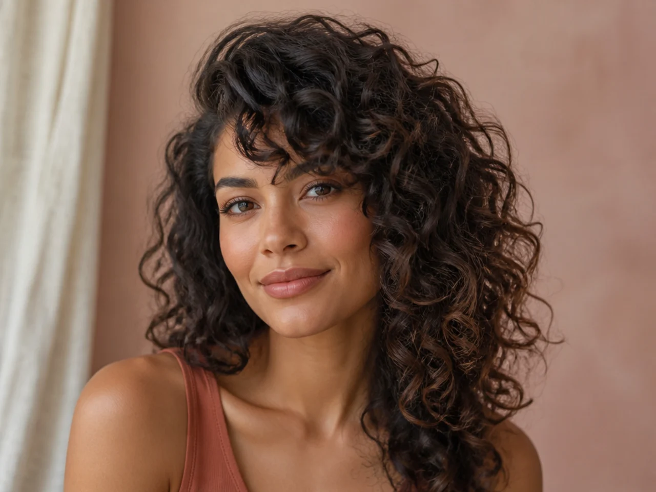 Curly side swept bangs diffuse-dried at the root