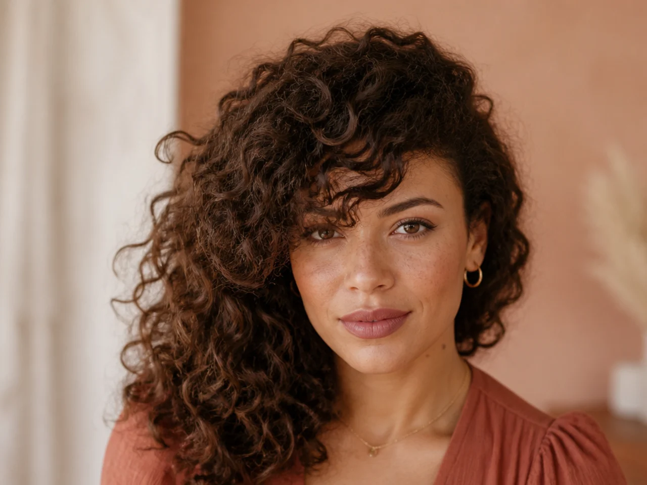 Second-day curly side swept bangs