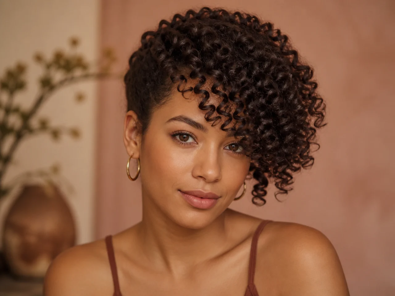 Tightly coiled side swept bangs