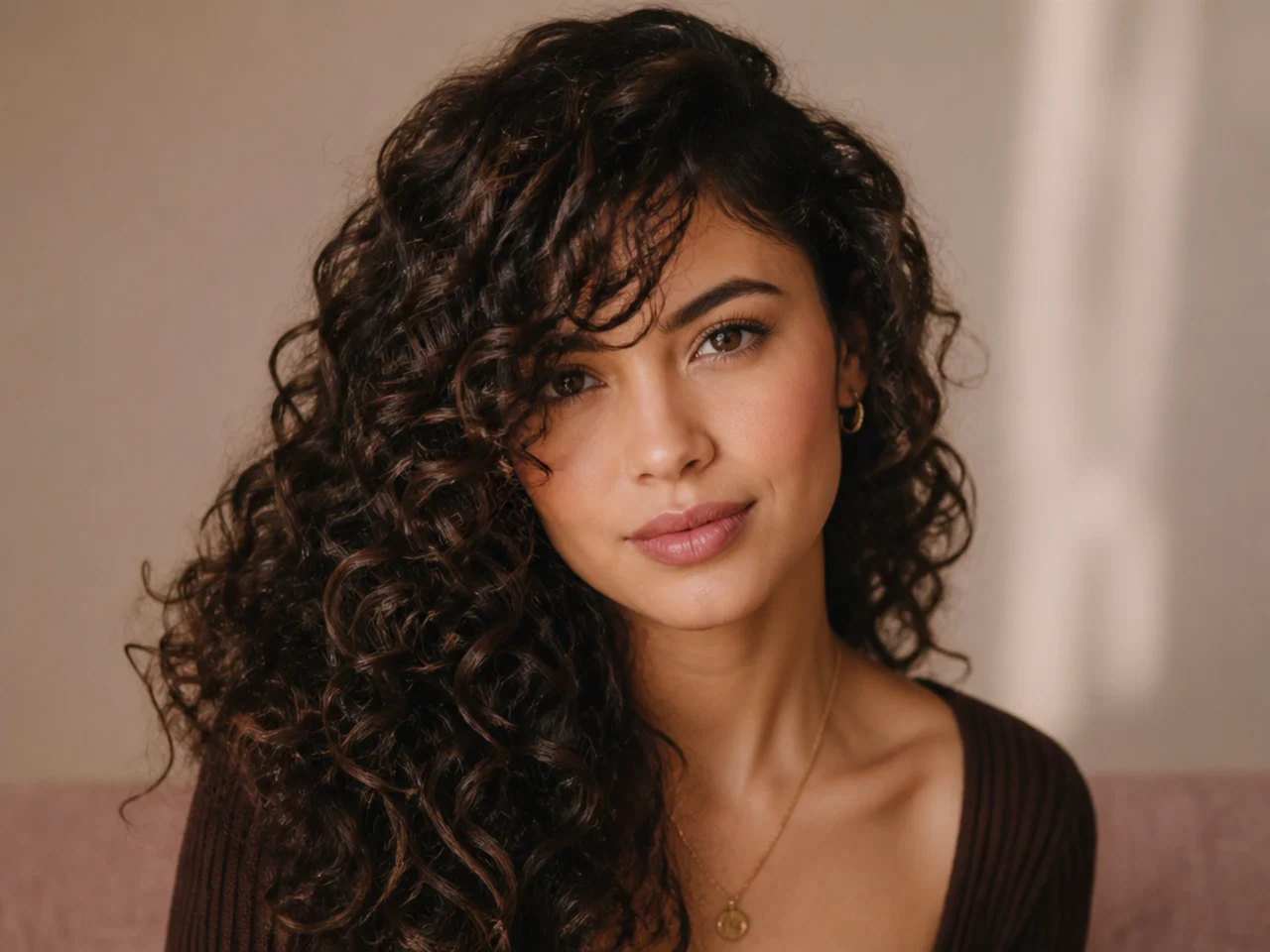 Long curly side swept bangs past the cheekbone