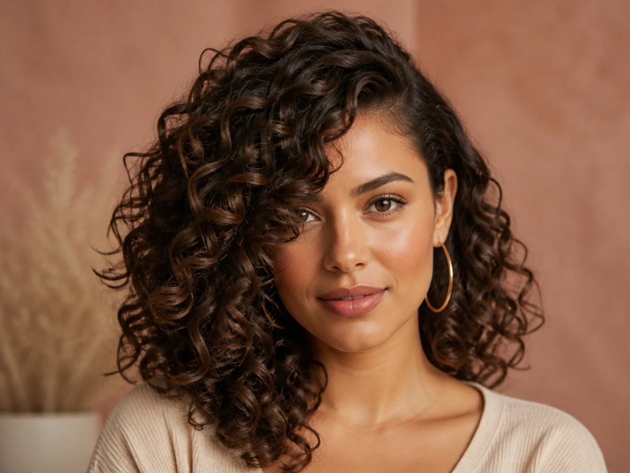Curly side swept bangs from a deep side part