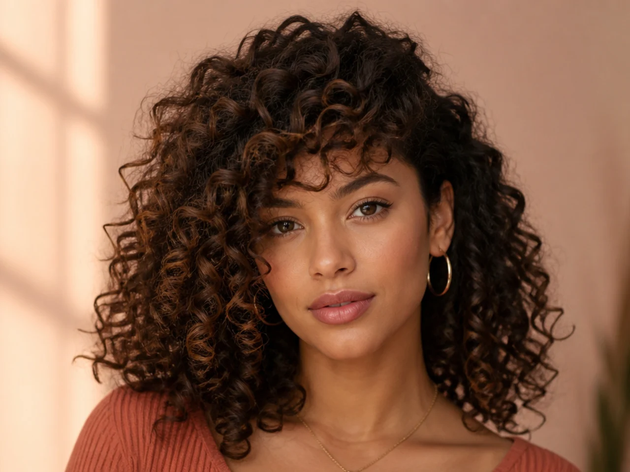 Curly side swept bangs blended into curly layers