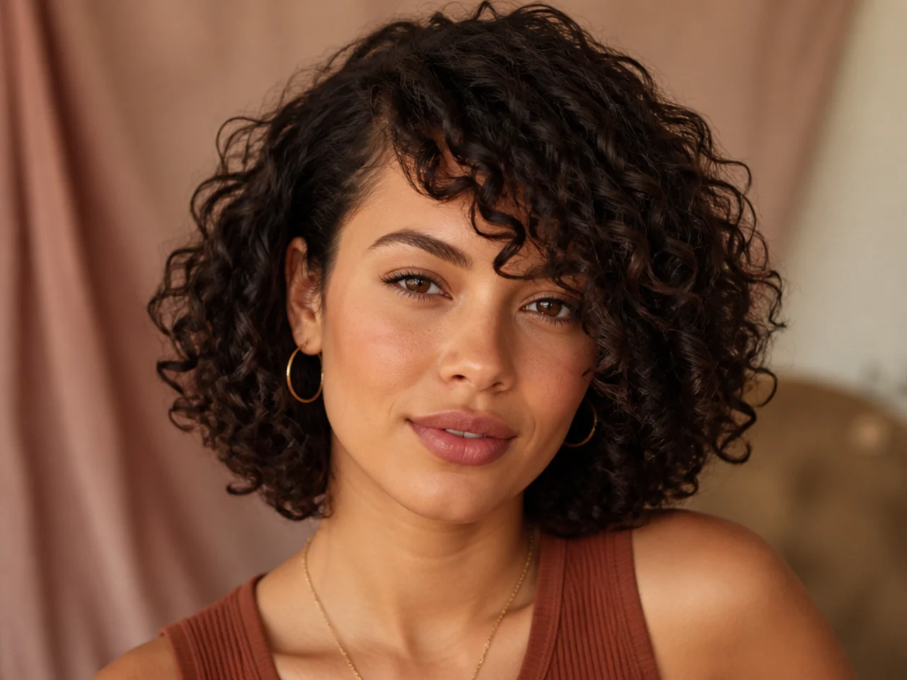Curly side swept bangs with a curly bob