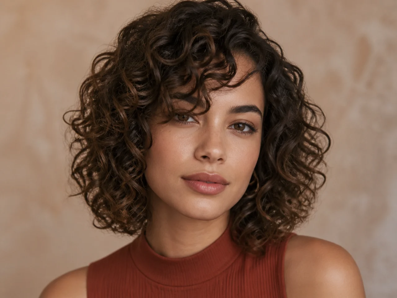 Curly side swept bangs with a long bob