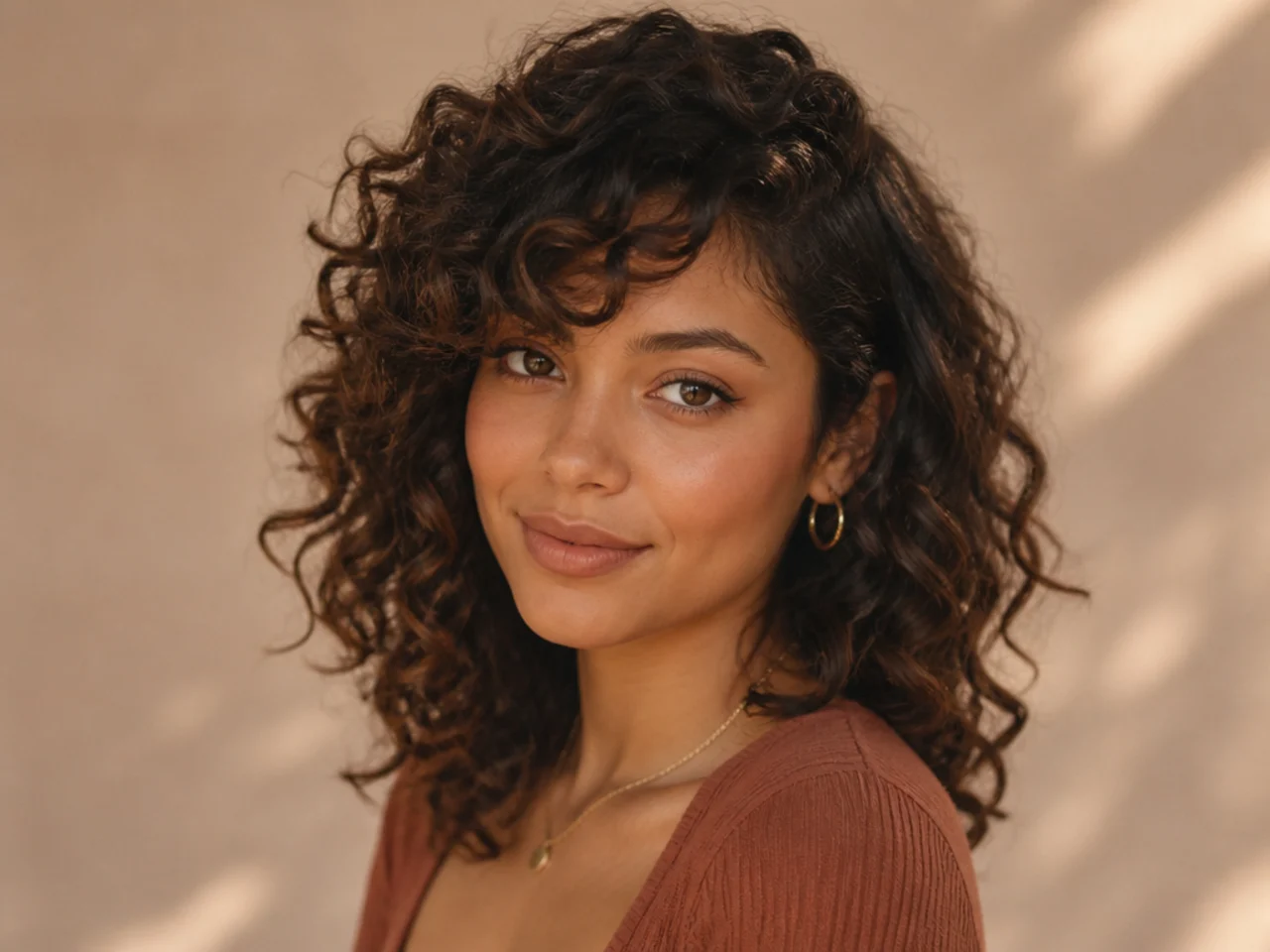 Three-quarter view of finished curly side swept bangs