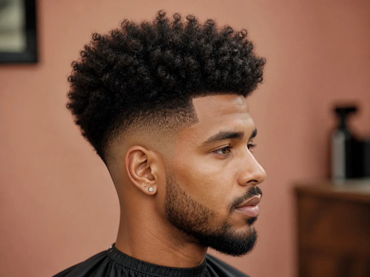 Black man with three and a half to four inches of 4A coils on top forming a full-volume crown and a high taper fade