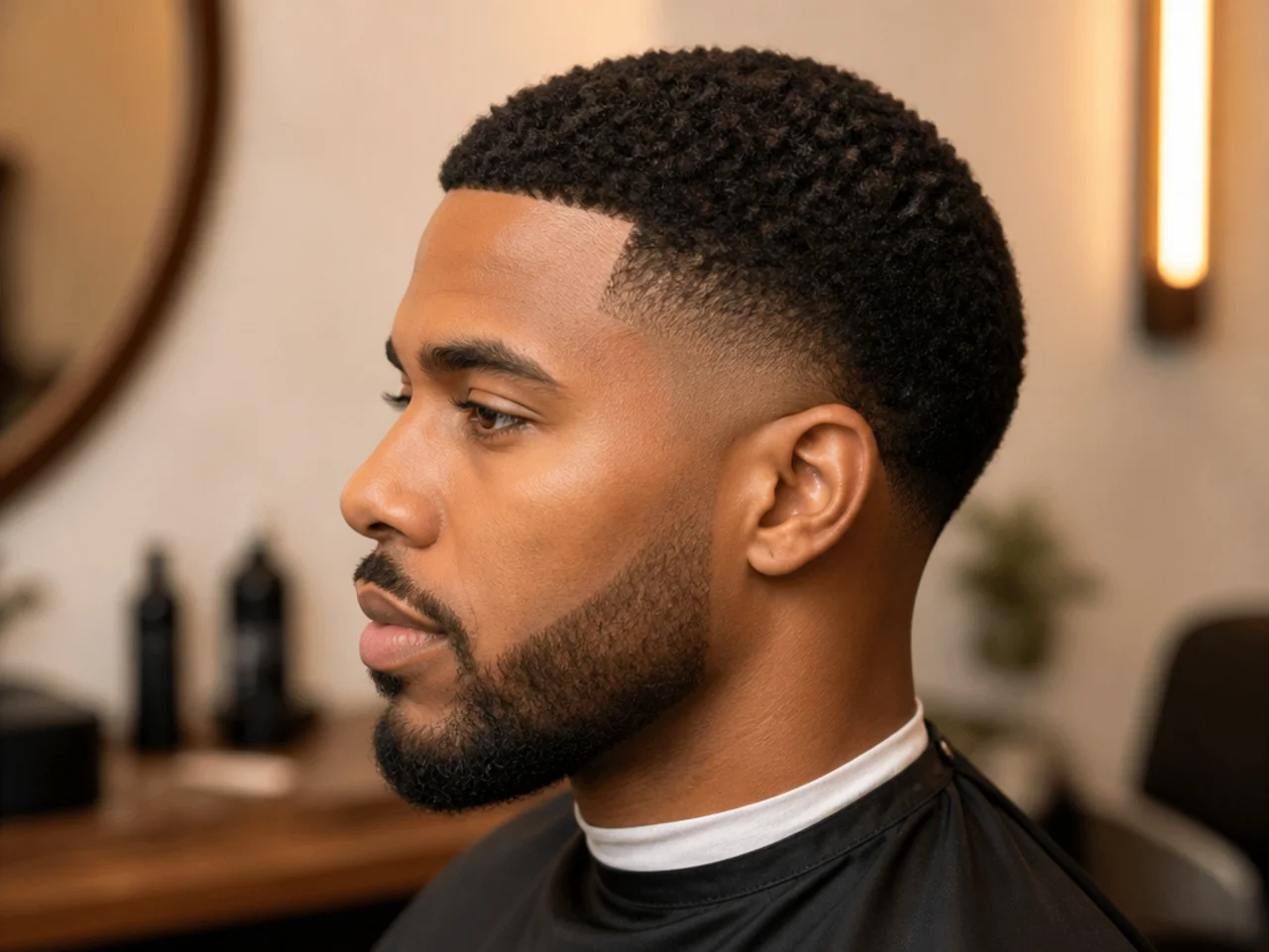 Black man with under one inch of 4B Z-pattern coils on top forming a compact buzz-adjacent shape with a low taper fade