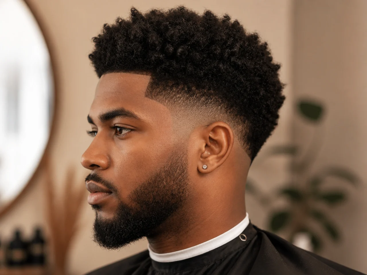Black man with one and a half inches of 4B coily hair on top and a mid taper fade with clean contrast
