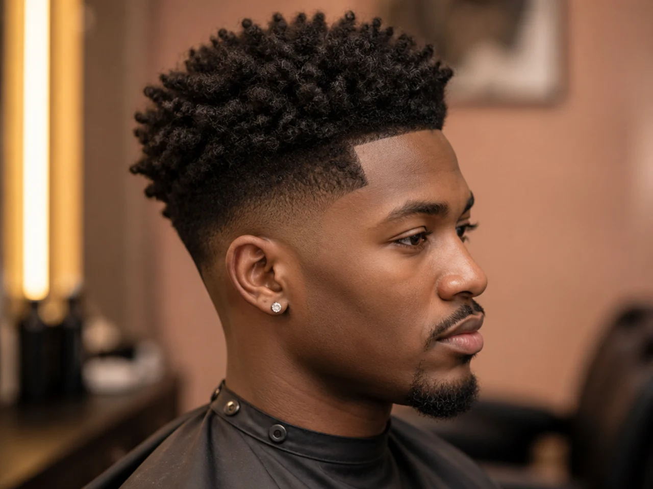 Black man with three inches of full 4B coils on top and a high taper fade