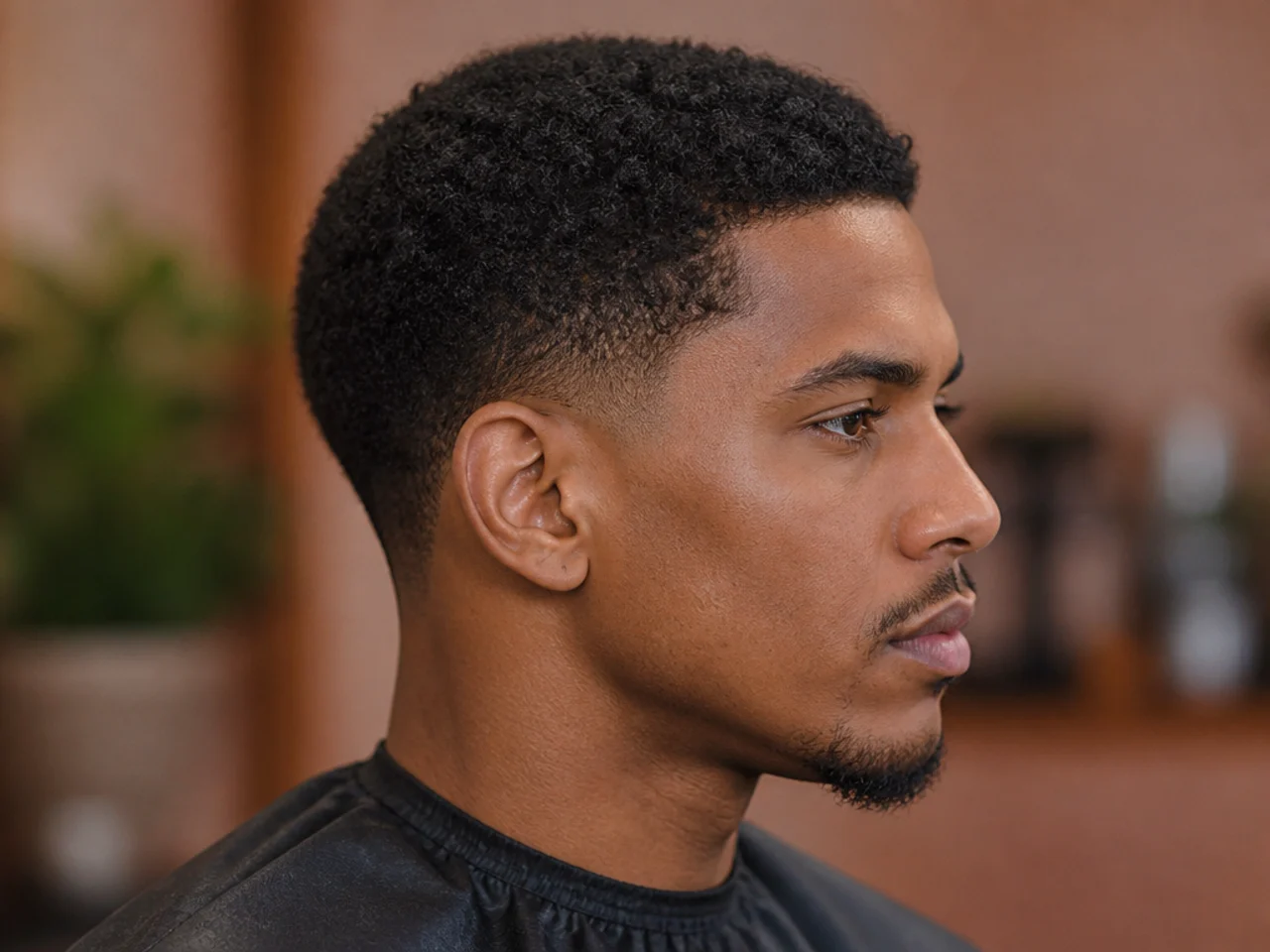 Black man with half an inch of 4C tight coils on top and a low taper fade forming a compact clean shape