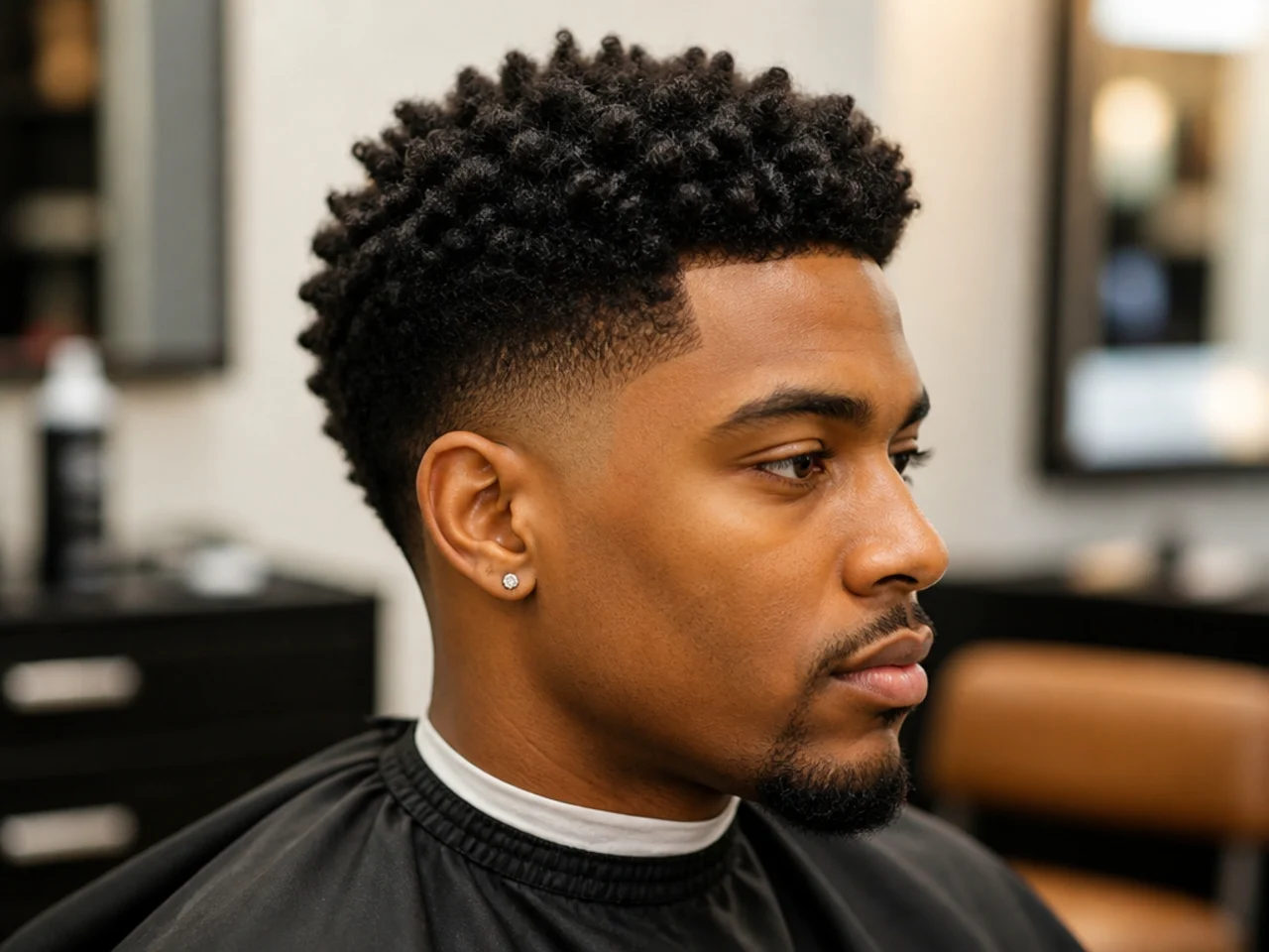 Black man with one and a half inches of 4C tight coils on top and a mid taper fade at a half guard