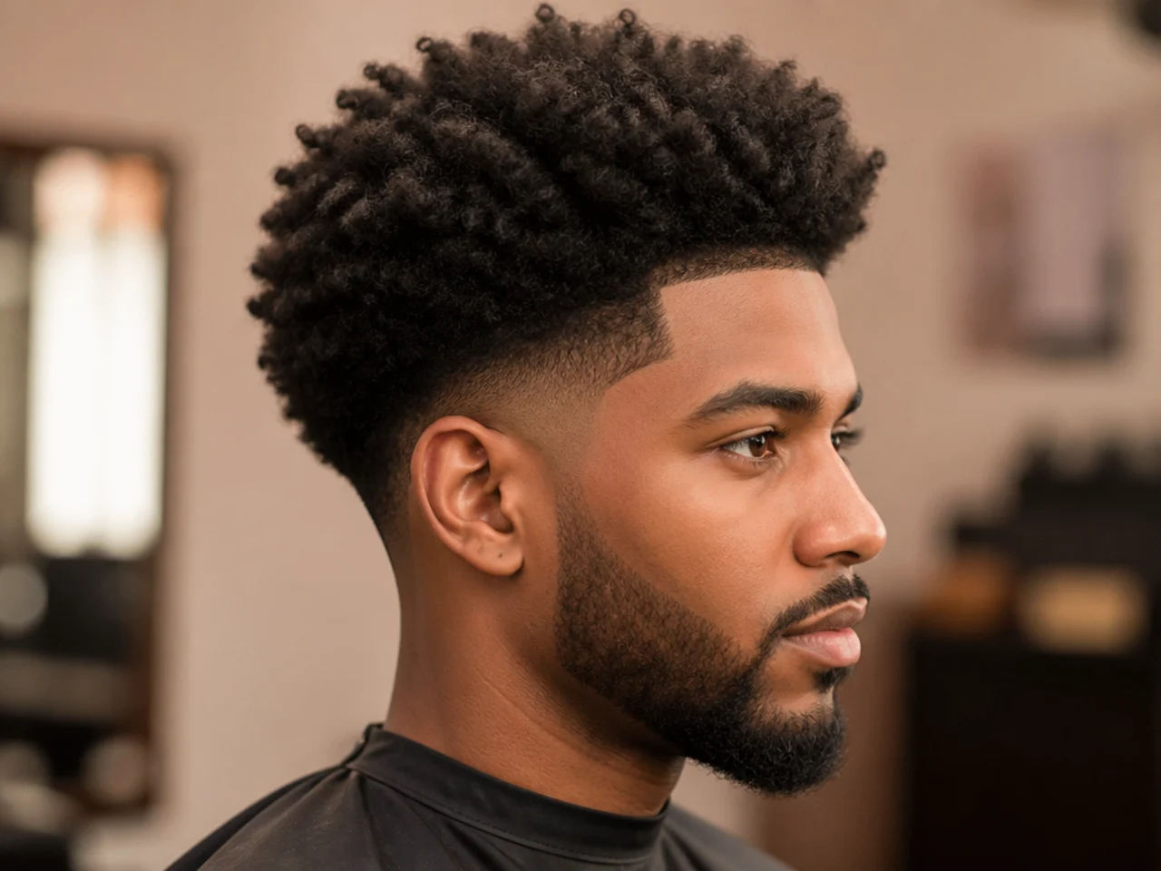 Black man with two and a half inches of dense 4C coily hair on top and a mid taper fade