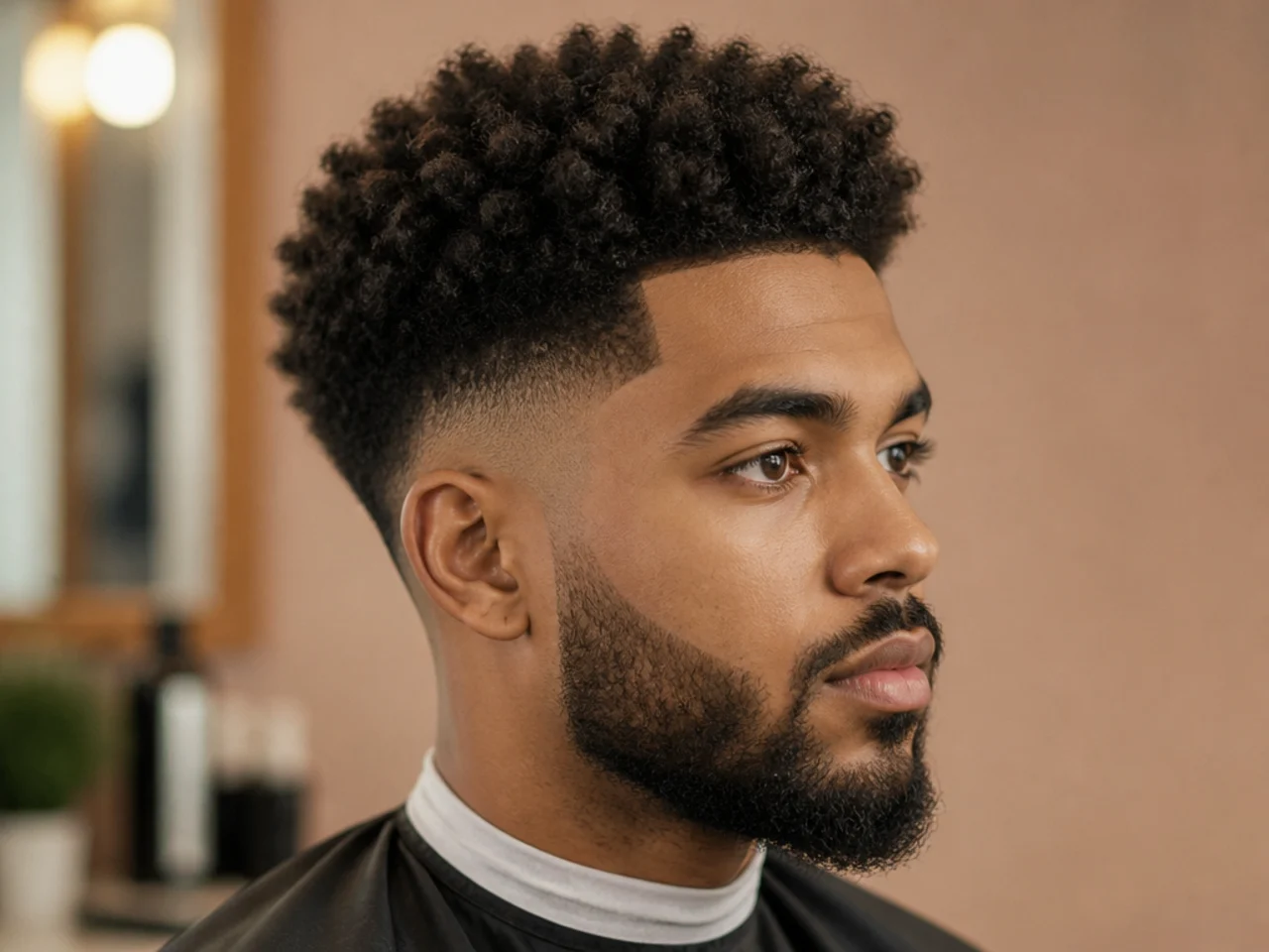 Black man with three to four inches of full dense 4C coils on top and a high taper fade with sharp contrast