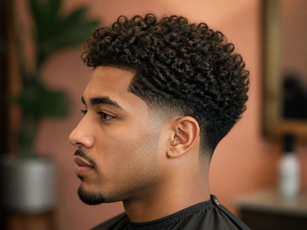Black man with two and a half inches of 3B loose curls on top and a clean mid taper fade