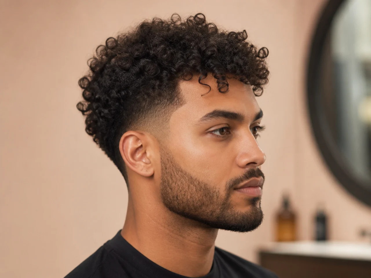 Black man with two and a half inches of mixed 3C and 4A curl pattern on top with visible variation across the crown and a low taper fade
