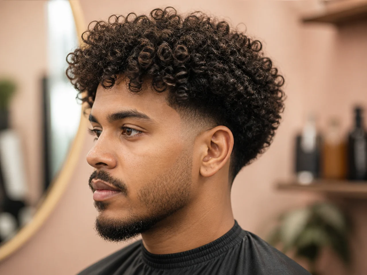 Black man with three and a half inches of long 3B curls falling naturally on top with a low taper fade