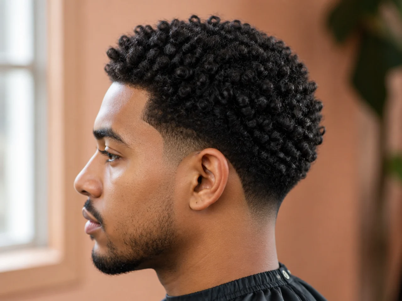 Black man with one inch of tight 3C corkscrew curls on top forming a compact curly cap and a low taper fade