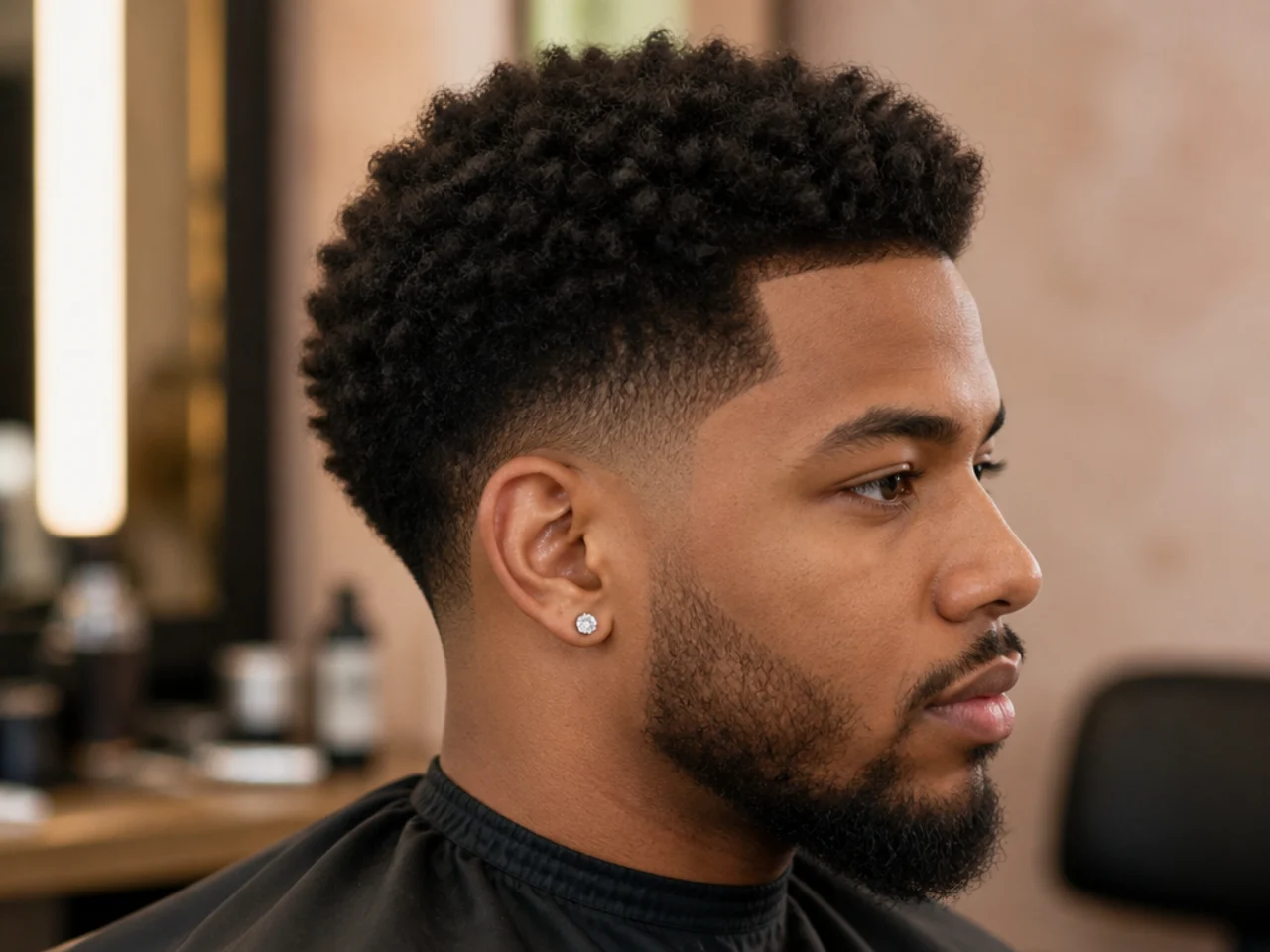 Black man with two inches of defined 3C springy curls on top and a mid taper fade dropping to a half guard
