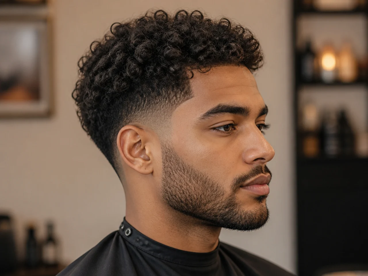 Black man with three inches of medium-length 3C curls on top and a soft low taper fade