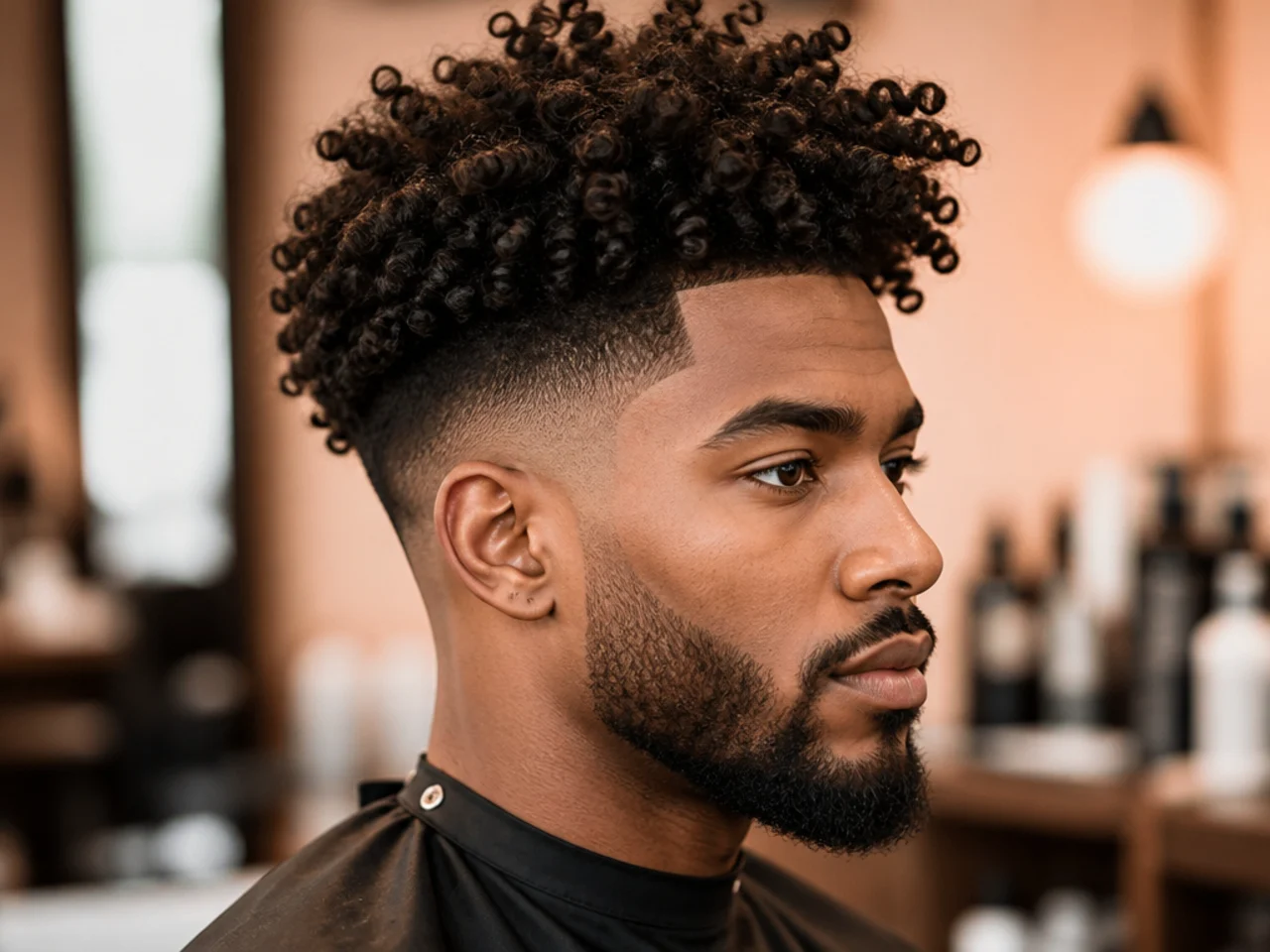 Black man with four inches of long 3C curls on top with exaggerated volume and a high taper fade for maximum contrast