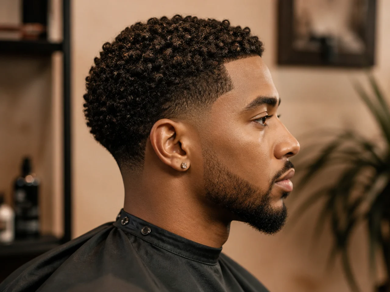 Black man with one inch of defined 4A S-coils on top forming a tight compact shape with a low taper fade