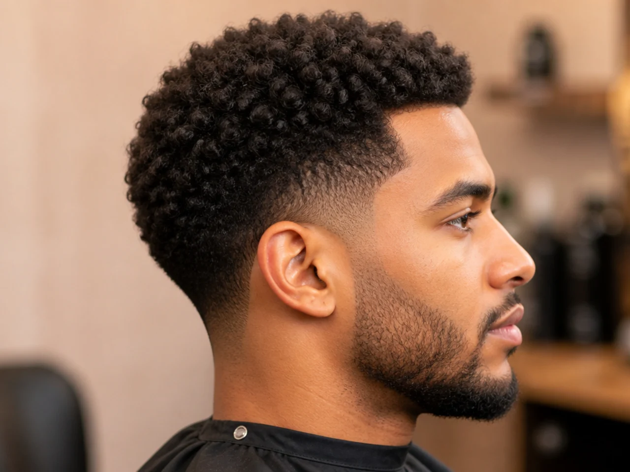 Black man with one and a half inches of 4A coils on top and a mid taper fade with soft contrast