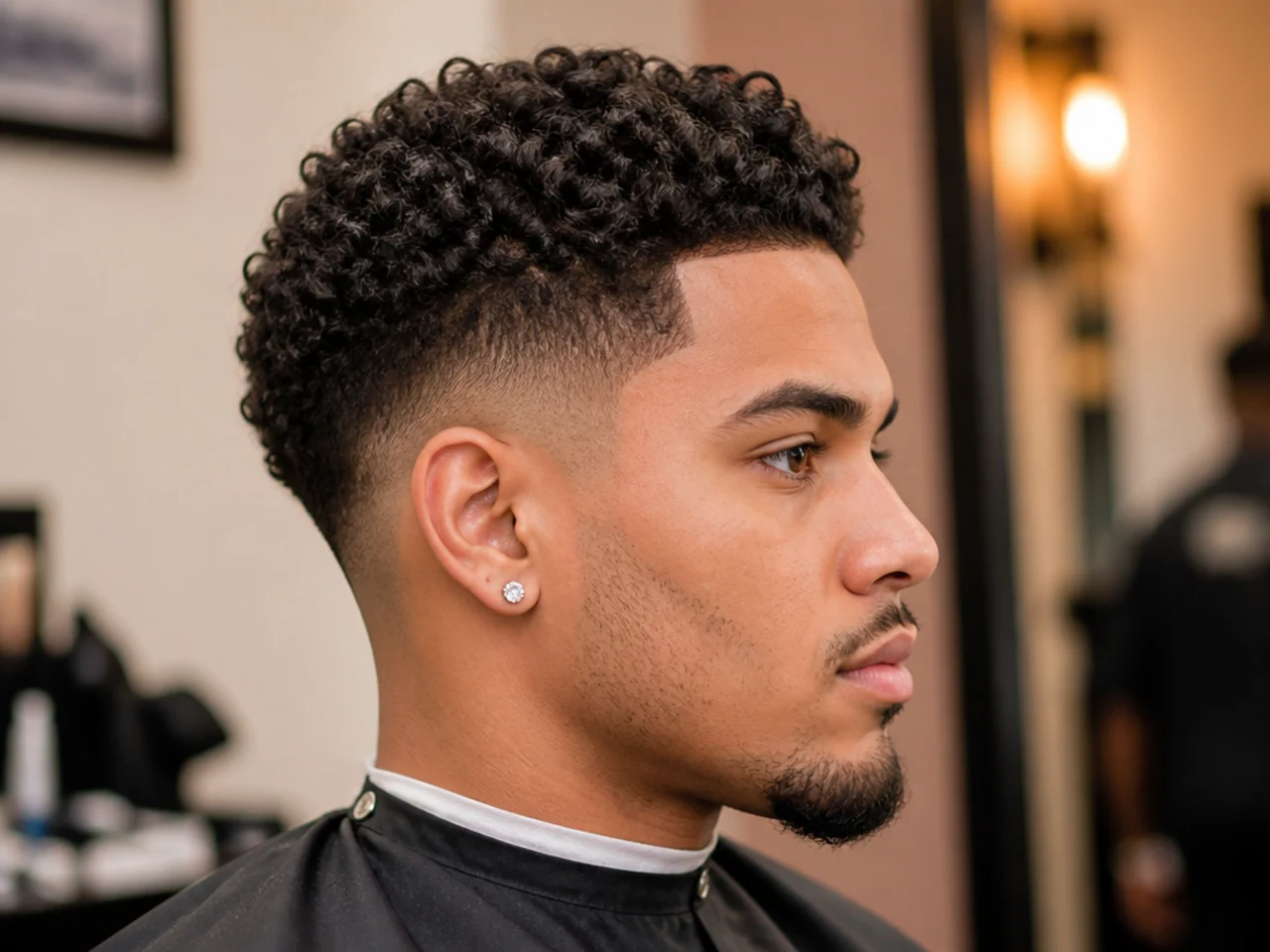 Black man showing a phone reference photo of a curly taper fade to a Black barber at the start of a haircut