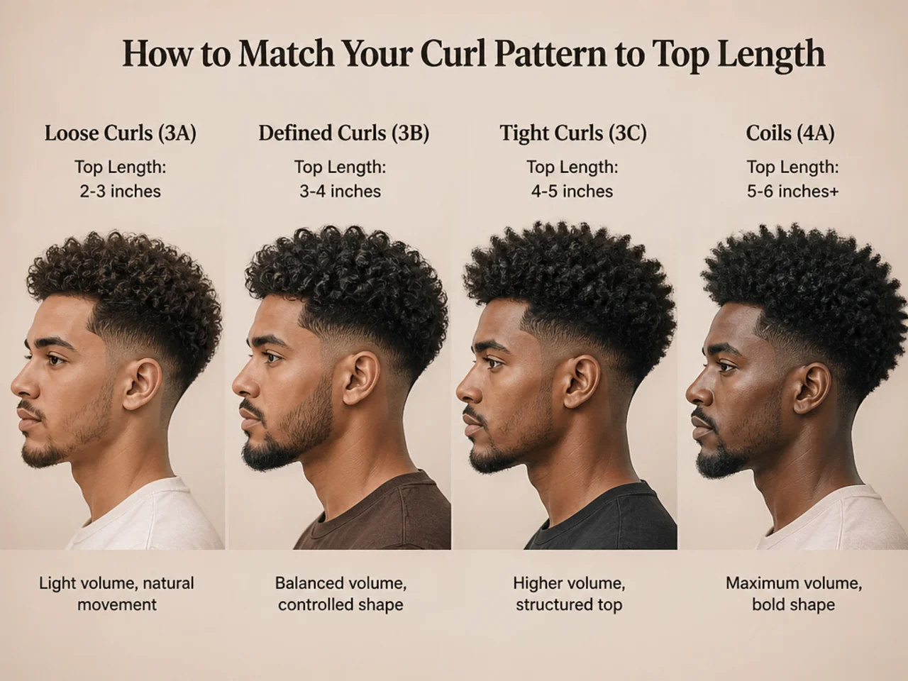 Chart-style editorial showing 3B, 3C, 4A, 4B, and 4C curl patterns side by side with recommended top length ranges