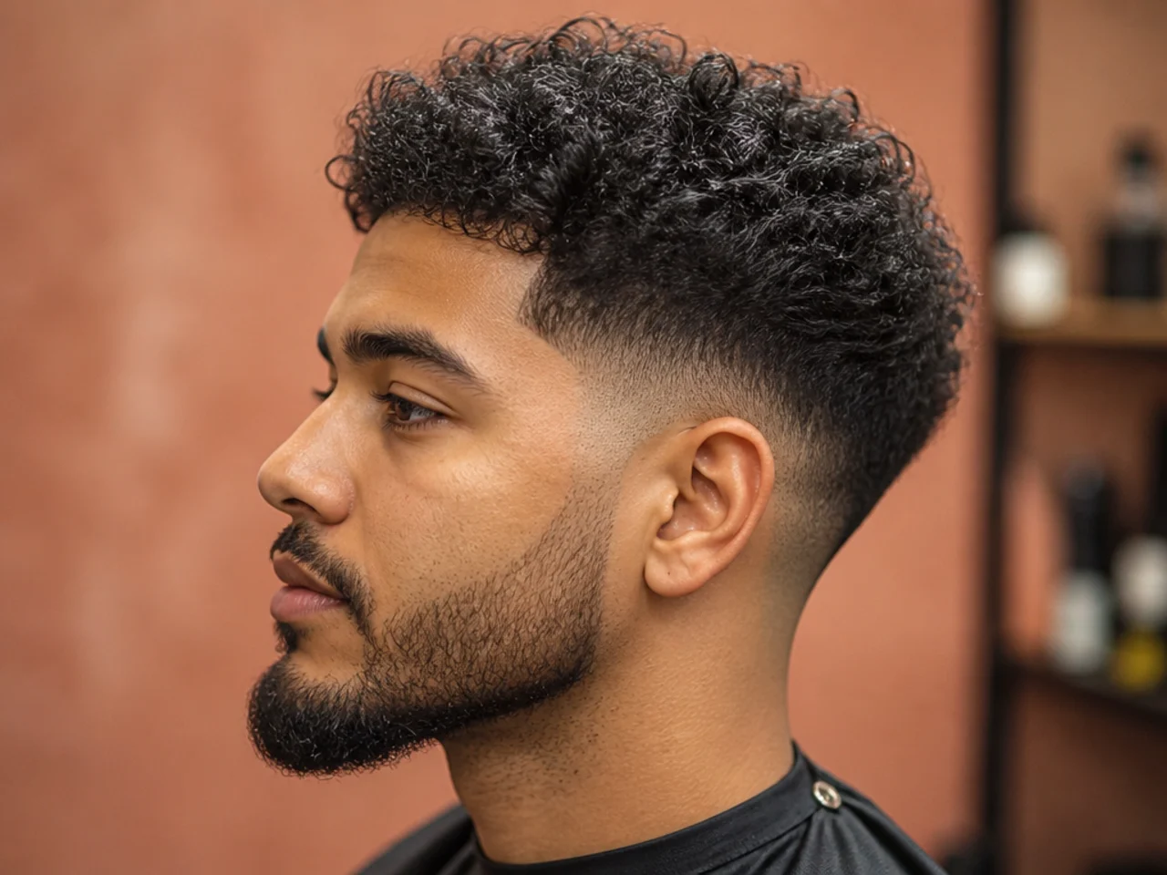 Fresh curly taper fade on 4A hair with two inches of defined coils on top and a soft taper blend above the ear