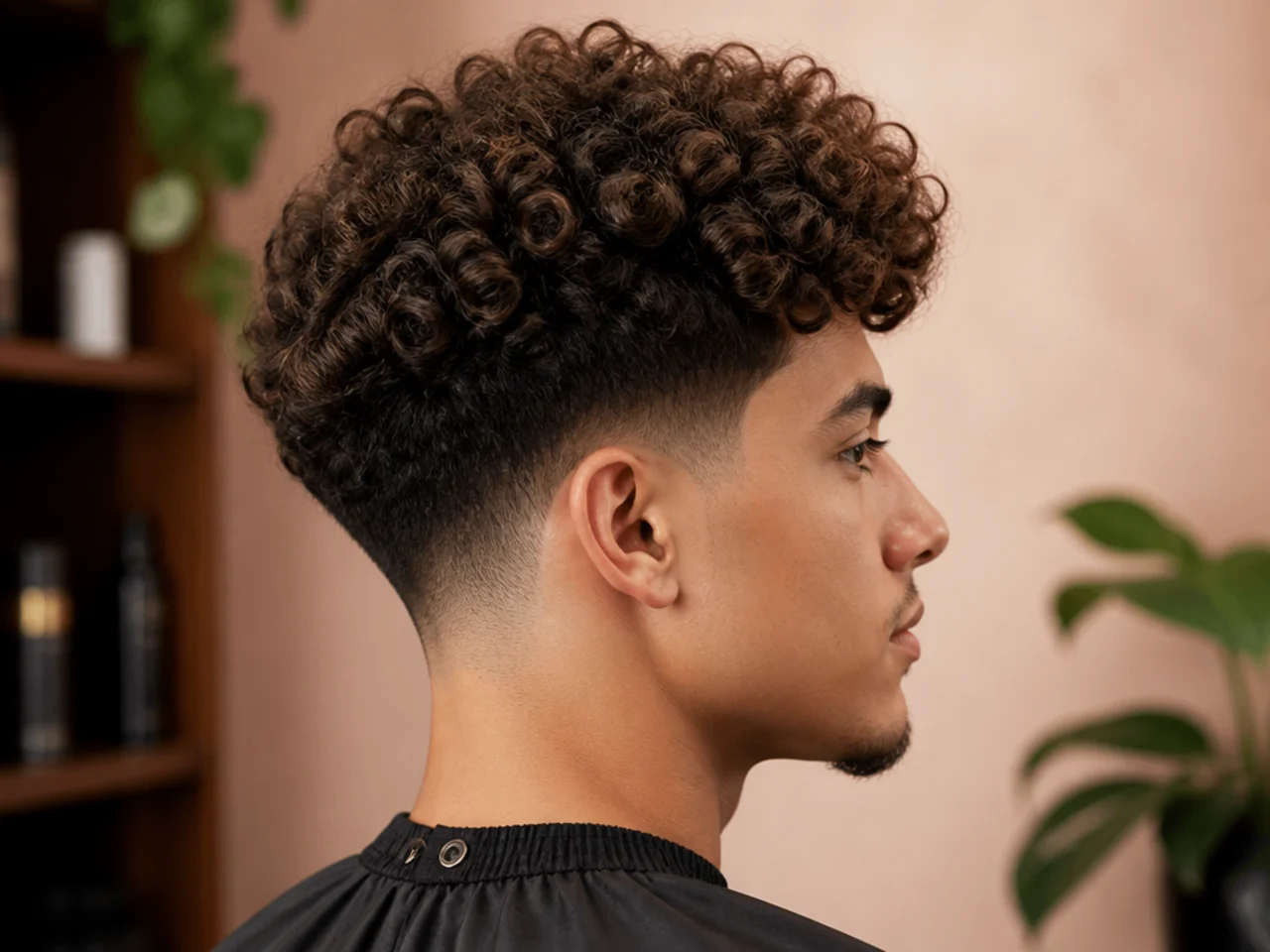 High-volume curls above a low taper fade