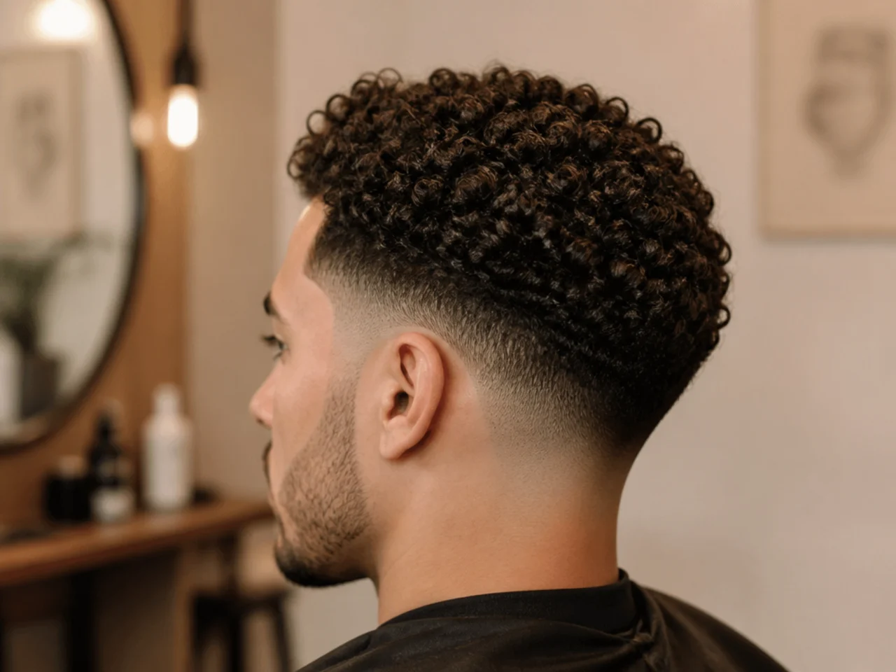 Defined 3B curls above a mid taper fade